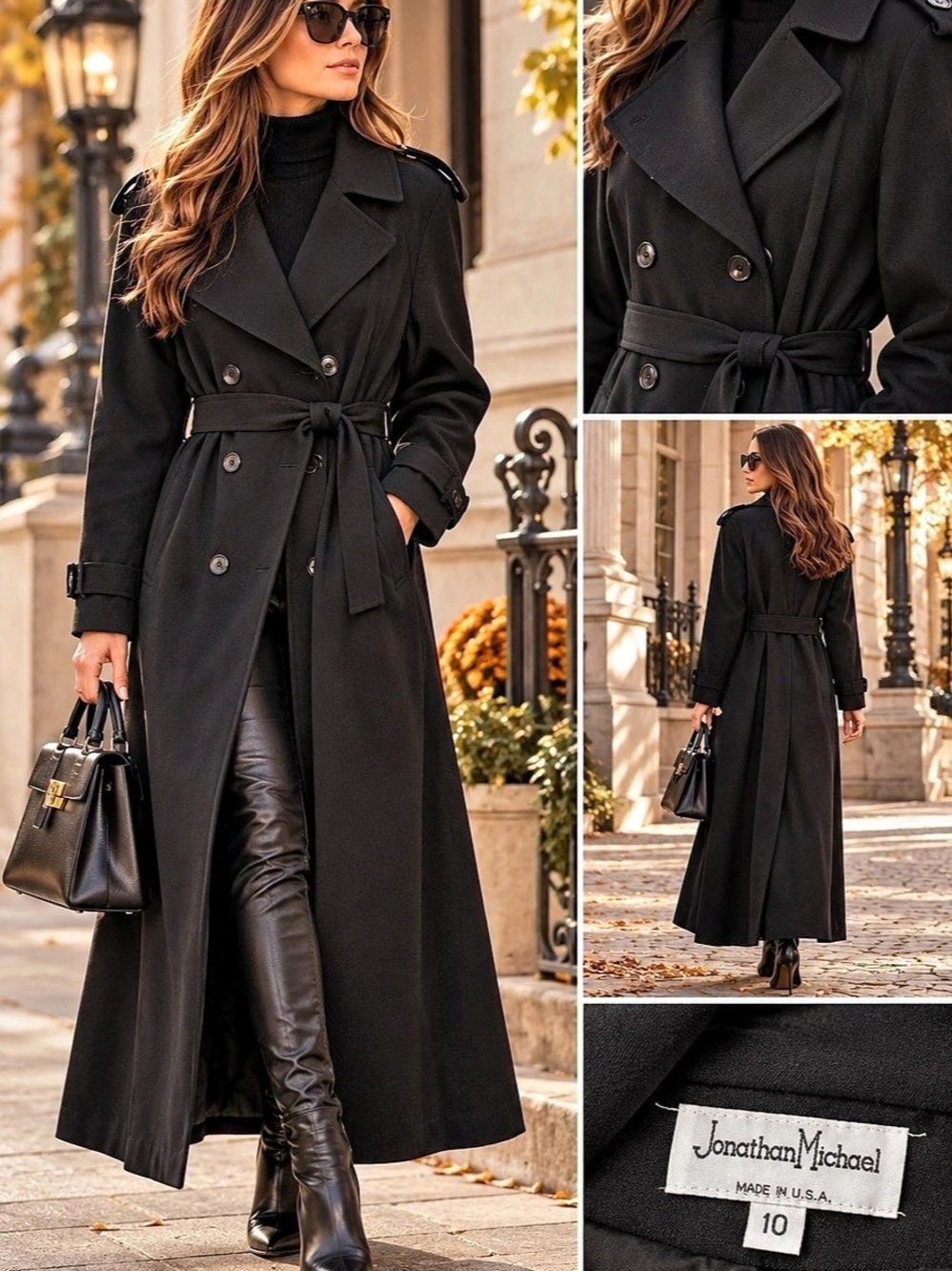 Jonathan Michael Black Trench Coat 10 Vintage 90s Matrix NYC Noir Military Glam